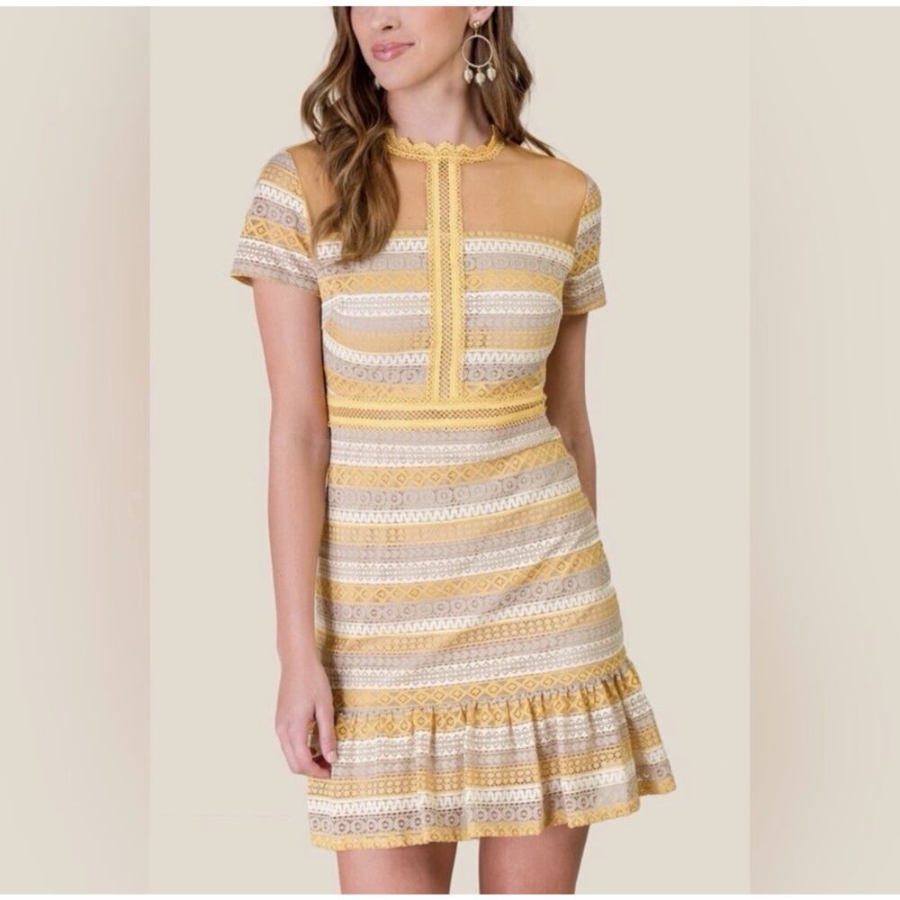 Francesca’s Alya Women's Yellow Cream Lace Lace Sheer Mini Dress Ruffle Small